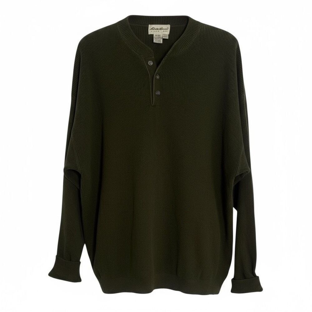 Eddie Bauer Chunky Knit Cotton Henley Pullover Sweater Olive Green Size XL